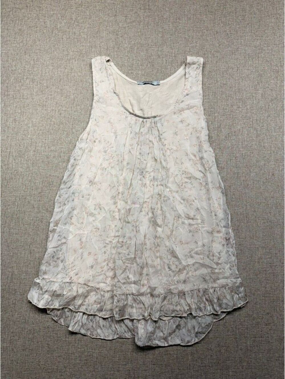 Tendenze Italy 100% Silk Sheer Floral Layered Tank Top Ruffle Hem Beige Large L